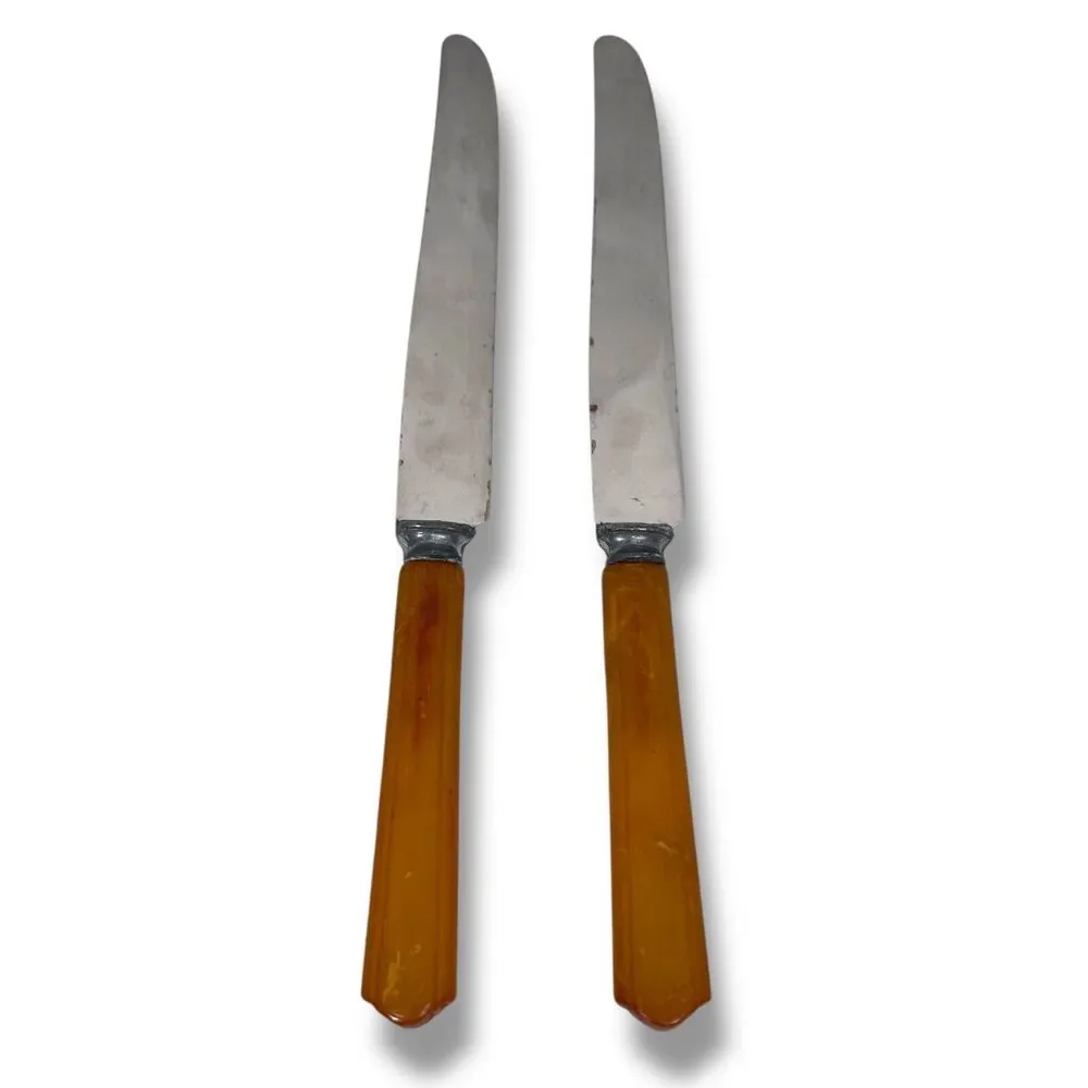 Vintage‎ Dinner Knives Lot 2 Silverplate Stainless Butterscotch Bakelite Handle
